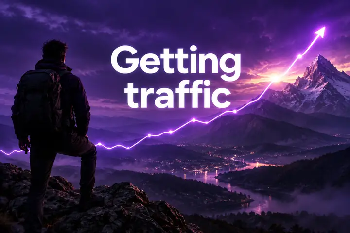 Visuel cinématographique violet foncé avec une courbe lumineuse de trafic en hausse et les mots « Getting traffic » centrés en grands caractères blancs