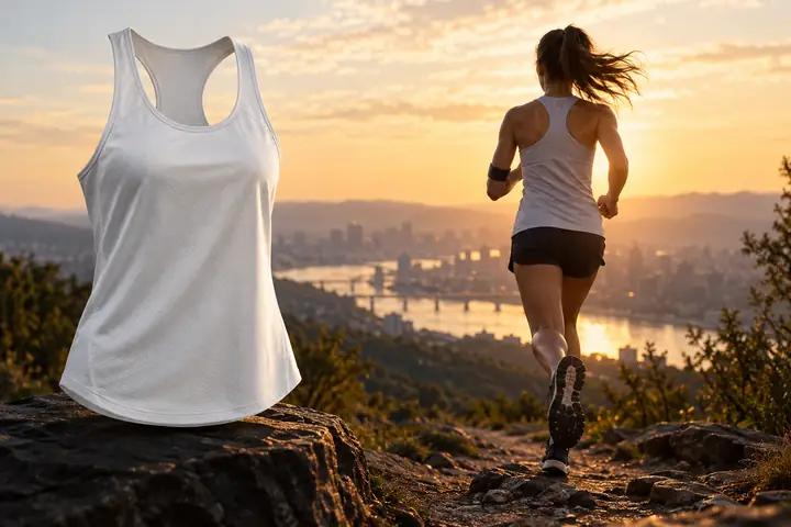 Une image éditoriale associant un haut de sport simple à une photo d’une personne en train de courir