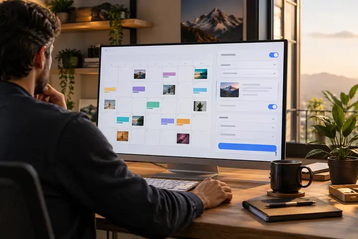 Une interface épurée de paramètres de publication à côté d’un calendrier de contenu mensuel