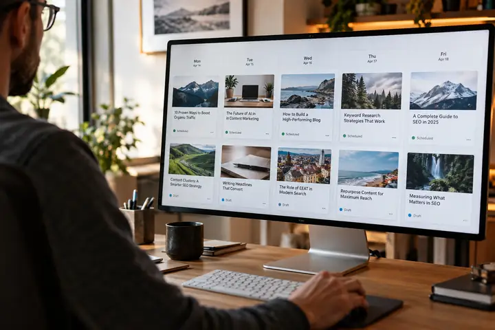 Une interface réaliste de calendrier éditorial avec des aperçus d’articles et des dates de publication
