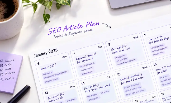 Calendrier planifié de sujets d’articles SEO et d’idées de mots-clés