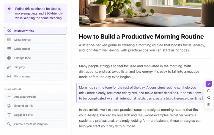 Une interface d’édition d’articles avec un brouillon et des commandes de révision