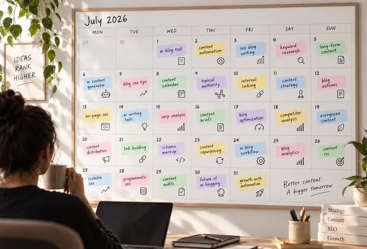 Calendrier de contenu avec des mots-clés étudiés répartis sur le mois