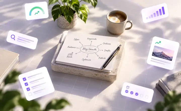 Cartes de planification SEO flottantes et données sur la publication sur une grille claire