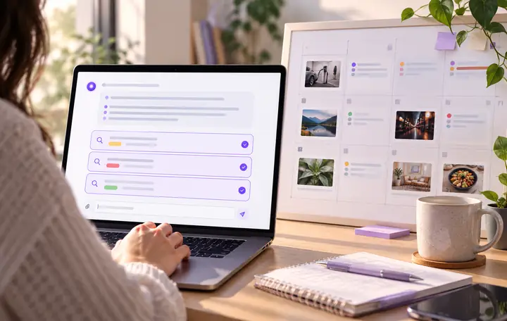 Une interface de discussion sur la recherche de mots-clés à côté d’un calendrier de contenu