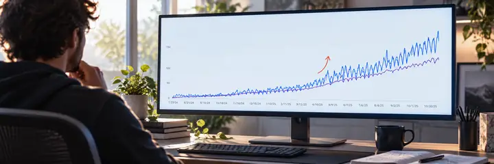 Graphique des performances de recherche montrant une tendance à la hausse du trafic organique